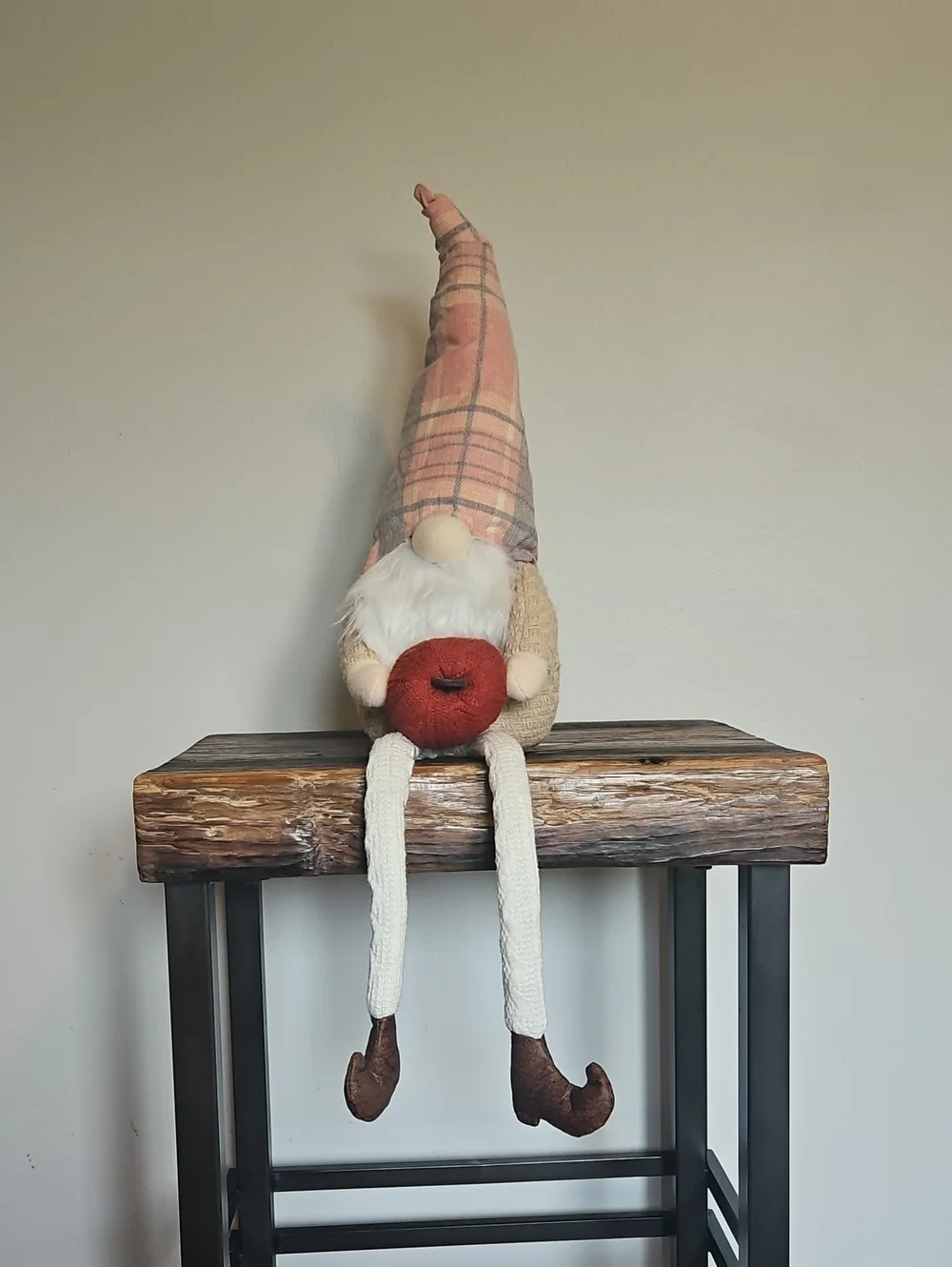 Plush Gnome Doll with Plaid Pink Hat and Red Pumpkin